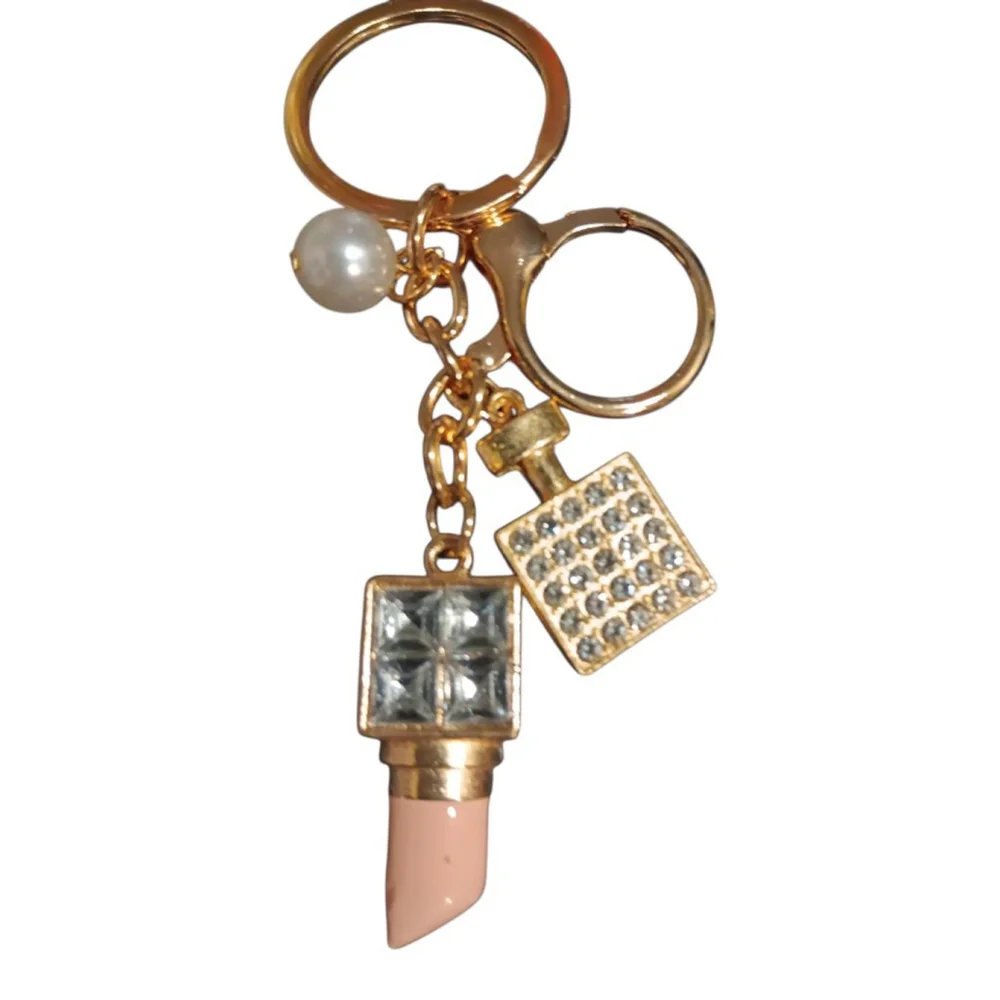 Lipstick, Perfume Bottle, Pearl Rhinestone Purse Charm Keychain in Blush Bling